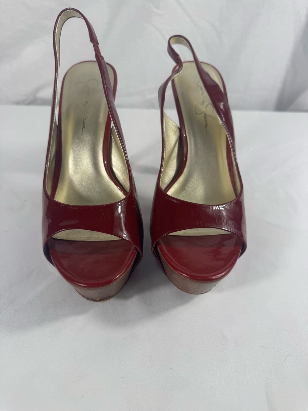 Jessica Simpson Astor Red Patent Leather Peep Toe Platform Slingback Heels 8